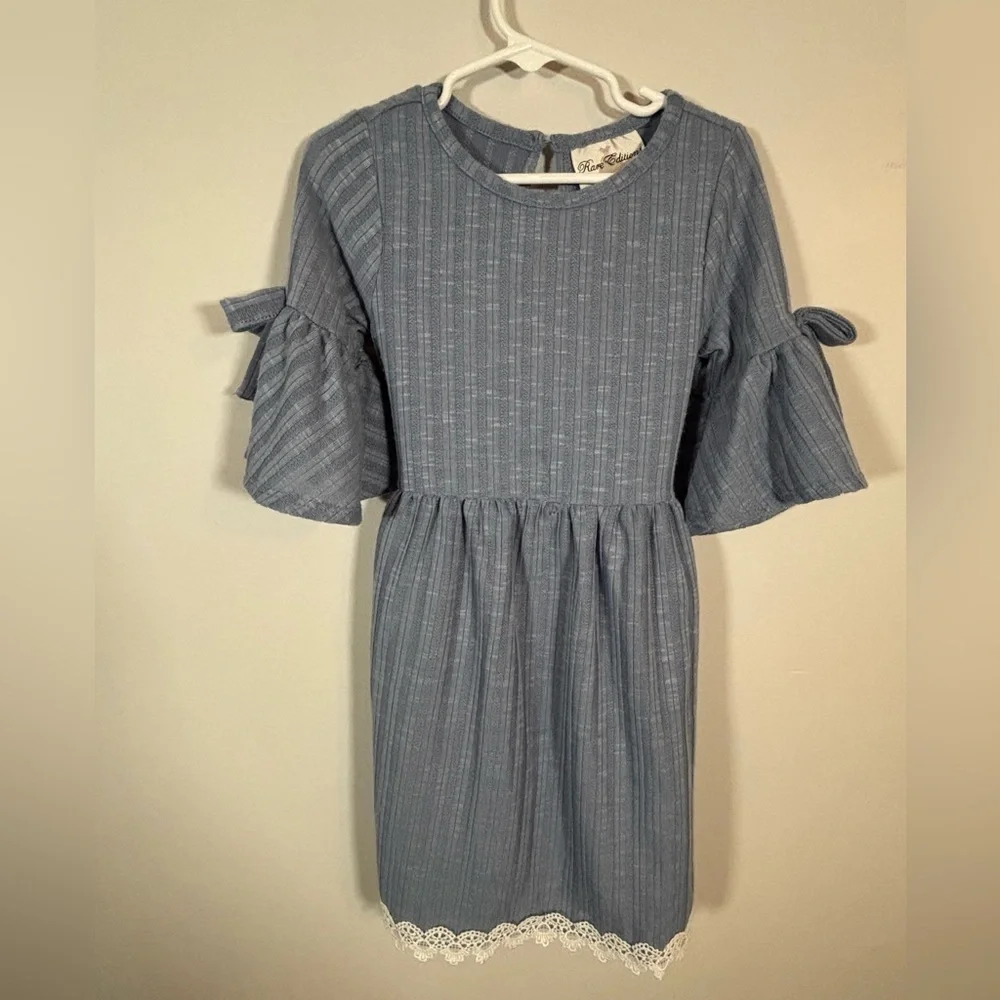 Rare Editions Girls Dress Size 5 Blue Knit Bell Sleeve Lace Hem Casual